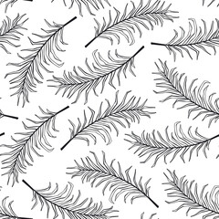 hand drawn outlined palm leaves black and white seamless pattern