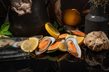 Mediterranean cuisine concept. Still life with mussel, lemon, wine, dark key. Sea food still life.