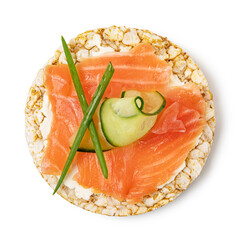 Rice cakes with cream cheese, fresh salmon and cucumber