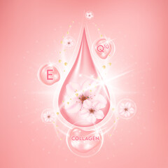 Sakura whitening serum for skin care. Drop cherry blossom vitamin and collagen. On pink background, Beauty products concept. Realistic 3D Vector EPS10 illustration.