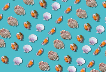 Pattern with seashells and mussels. Scallop with pearls. Blue background. Creative concept.
