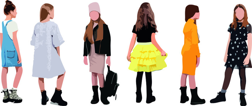 Set of little girls standing and wearing dress, in various poses, cartoon character, people, business, group, vector silhouette, flat design icon, different colors, isolated on white background 