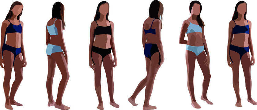 Set of little girls standing and wearing bikini, in various poses, cartoon character, people, business, group, vector silhouette, flat design icon, different colors, isolated on white background 
