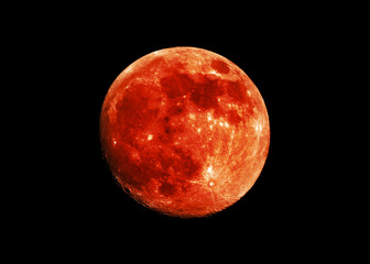 Total lunar eclipse. Super Blood Full Moon. Black night sky without stars. View in telescope telephoto lens. Astro or astronomy photography. Luna Little planet. Moon is Earth natural satellite