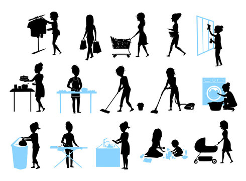set of female silhouette graphics at  housework, household.woman cooking baking cleaning washing floor windows dishes, makes laundry, iron, shopping, play teach walk with kid, home chores