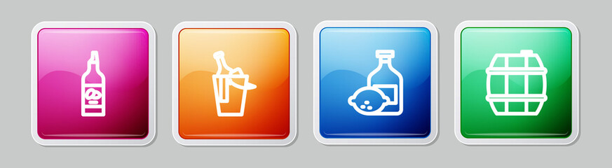 Set line Bottle of olive oil, wine in bucket, Limoncello bottle and Barrel for. Colorful square button. Vector