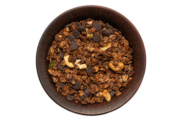 Chocolate granola cereal with nuts in a bowl background.