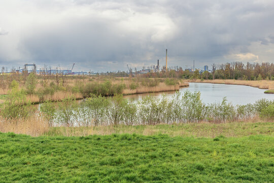 Close up of the Kruibeke creek with the Hoboken industry in the background