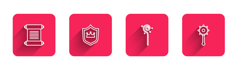 Set line Decree, parchment, scroll, Shield with crown, Magic staff and Medieval chained mace ball with long shadow. Red square button. Vector