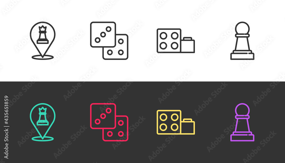 Poster set line chess, game dice, toy building block bricks and on black and white. vector