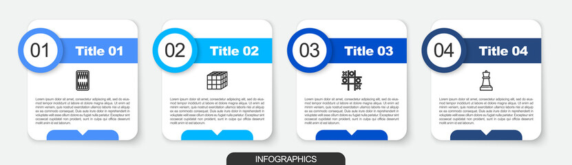 Set line Backgammon board, Rubik cube, Tic tac toe game and Chess. Business infographic template. Vector