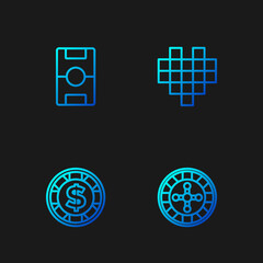 Set line Casino roulette wheel, chip with dollar, Hockey table and Pixel hearts for game. Gradient color icons. Vector