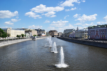Panoramic view of the bypass canal in the center of Moscow. Old houses along the waterfront....