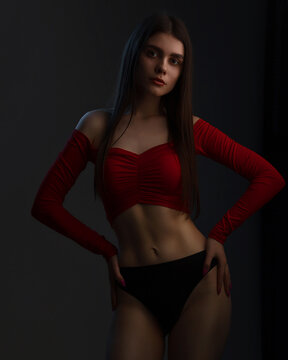 Young woman posing in a red top shirt and black panties, on black background in studio. Seductive woman perfect body. Sexy fashion model wear black underwear.