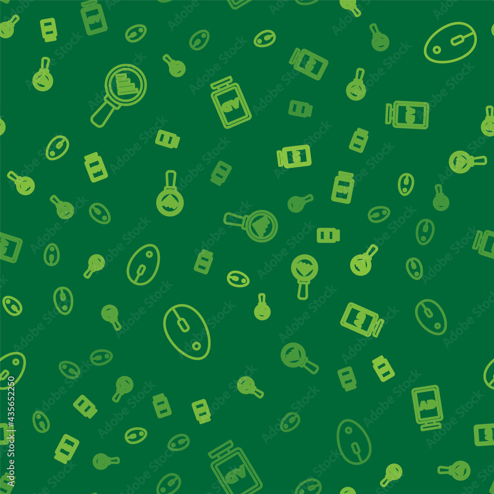 Poster set line magnifying glass and analysis, computer mouse and advertising on seamless pattern. vector