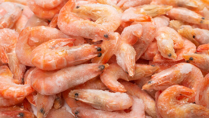 Fresh shrimps in ice. Top view.