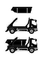 Silhouette of a cantilever skip truck. Side view of loaded and empty truck and skip separately. Flat vector. - obrazy, fototapety, plakaty