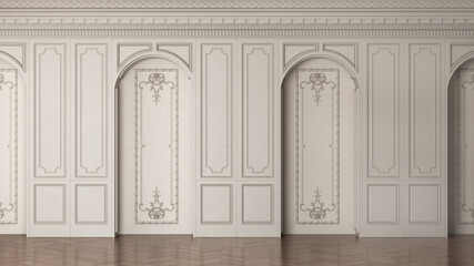 3D render of a classic interior wall decorated in warm color with parquet and arched openings. 3d illustration