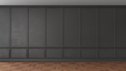 3D render of a classic interior decorated in black color and parquet. 3d illustration