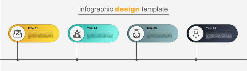 Set line Woman dress, Lock and heart, Church building and Greeting card. Business infographic template. Vector