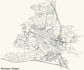 Black simple detailed street roads map on vintage beige background of the quarter Stadtbezirk Möhringen district of Stuttgart, Germany