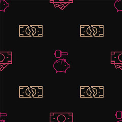 Set line Stacks paper money cash, Tearing banknote and Piggy and hammer on seamless pattern. Vector