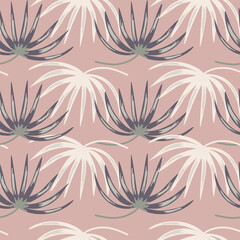 White and blue colored tropic leaves seamless pattern in doodle style. Lilac background. Floral print.