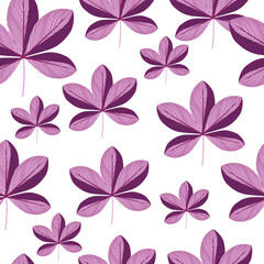 Isolated nature seamless bloom pattern with random purple scheffler flowers ornament. White background.