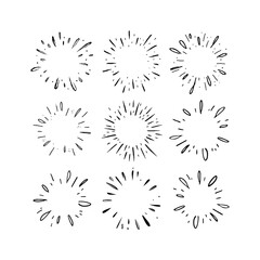 Star burst hand drawn doodles. Sunburst graphic design set. Handmade radial starburst illustrations.