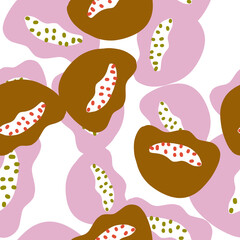 Creative contemporary seamless pattern with brown and lilac random abstract shapes. Isolated backdrop.