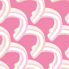 Diagonal rainbow shapes seamless pattern. White hand drawn ornament. Pink bright background.