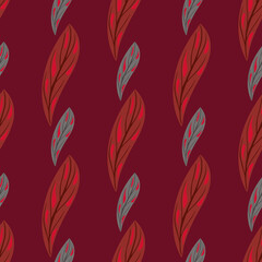 Nature scrapbook seamless pattern with hand drawn abstract leaf ornament. Maroon background.
