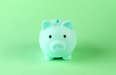 Piiggy bank close-up on a green pastel background. Minimalism