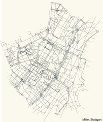 Black simple detailed street roads map on vintage beige background of the quarter Stadtbezirk Mitte district of Stuttgart, Germany