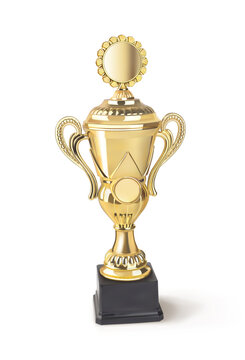 Gold award cup with a lid on a black stand on a white background. vector illustration
