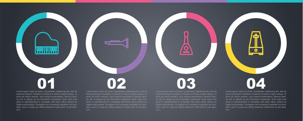 Set line Grand piano, Clarinet, Balalaika and Metronome with pendulum. Business infographic template. Vector