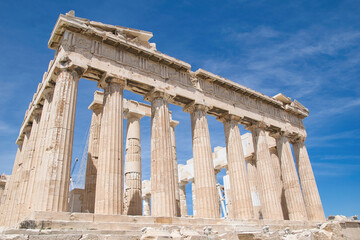 Obraz premium Parthenon is a temple of classical Athens, in the Athenian Acropolis of Greece, dedicated to the goddess Athena. Athens, Greece 5-18-2021