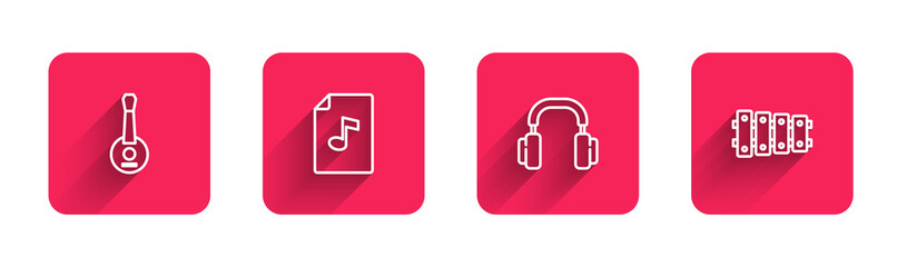 Set line Banjo, Music book with note, Headphones and Xylophone with long shadow. Red square button. Vector