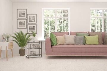 White living room with sofa and summer landscape in window. Scandinavian interior design. 3D illustration