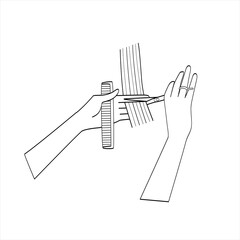 Hairdressers hands with scissors and hair. Black outline on white, sketch, doodle for hair salon design, flyer, business card. Vector simple illustration
