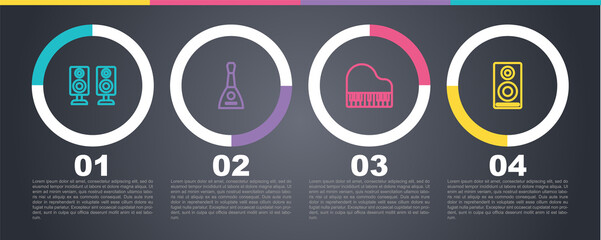 Set line Stereo speaker, Balalaika, Grand piano and . Business infographic template. Vector