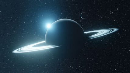 View from the shadow zone of a ringed planet and a nearby satellite orbiting a star in the middle of the cosmos. Science fiction scene. 3D Rendering - obrazy, fototapety, plakaty