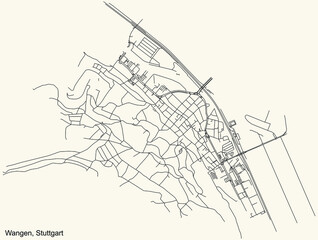 Black simple detailed street roads map on vintage beige background of the quarter Stadtbezirk Wangen district of Stuttgart, Germany