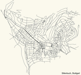 Black simple detailed street roads map on vintage beige background of the quarter Stadtbezirk Sillenbuch district of Stuttgart, Germany