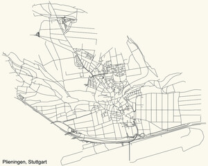 Black simple detailed street roads map on vintage beige background of the quarter Stadtbezirk Plieningen district of Stuttgart, Germany
