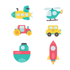 A set of transport. A set of children's transport. Rocket, car, boat, tractor and helicopter. Print for clothes, T-shirt or bedding. Patterns.