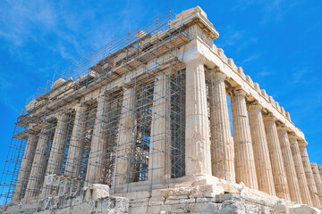 Obraz premium Parthenon is a temple of classical Athens, in the Athenian Acropolis of Greece, dedicated to the goddess Athena. Athens, Greece 5-18-2021