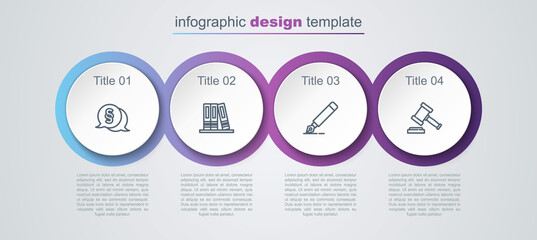 Set line Law, Office folders, Fountain pen nib and Judge gavel. Business infographic template. Vector