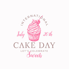 International Cake Day Celebration Confectionary Abstract Sign, Symbol or Label Template. Hand Drawn Sweet Peace with Cherry and Typography. Bakery Holiday Vector Emblem Concept. Isolated