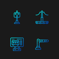 Set line Railway barrier, Ticket office to buy tickets, Train traffic light and . Gradient color icons. Vector